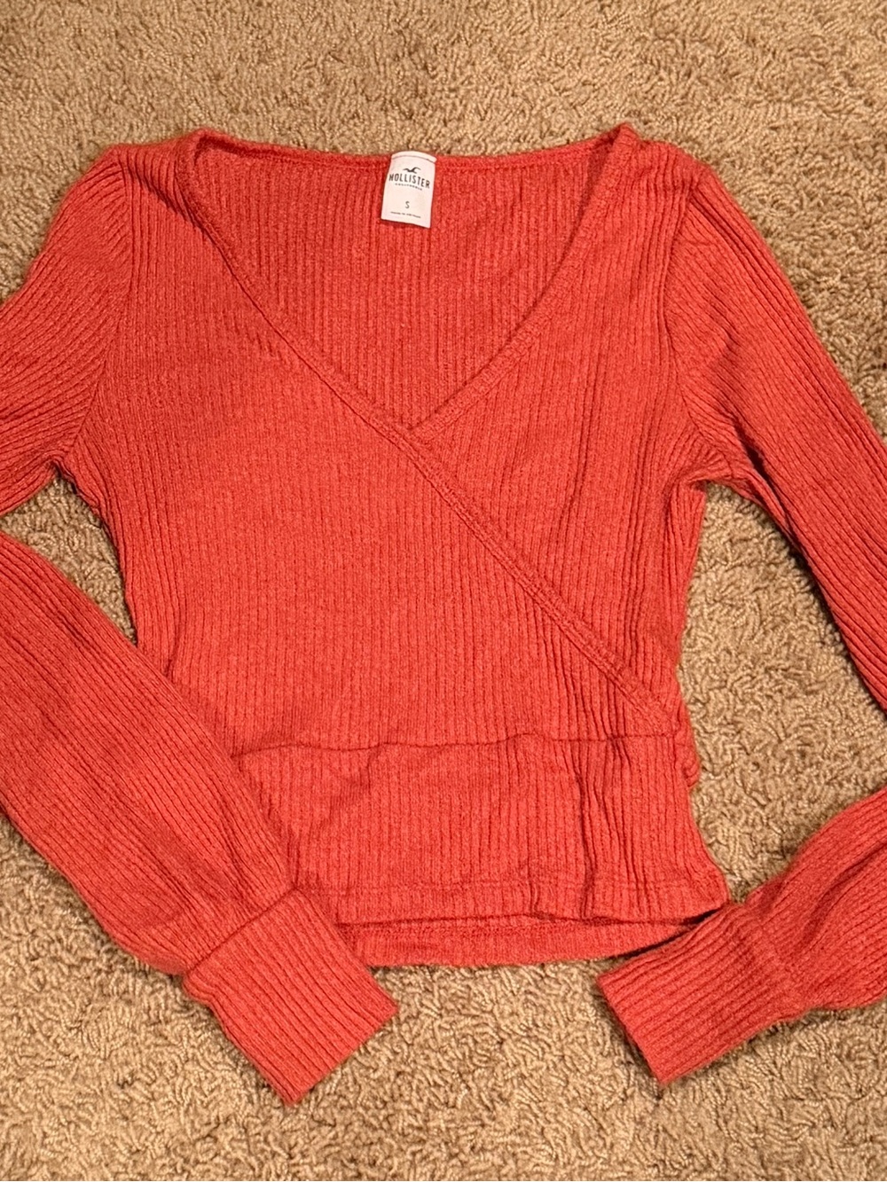 Hollister Ribbed Wrap-Front Long Sleeve Top in Coral Orange